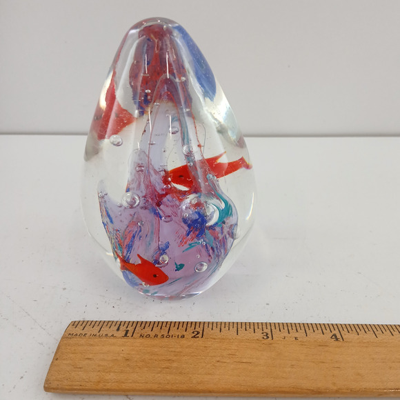 Art Glass Hand Blown Paperweight Teardrop Shape w/ Fish Blue Red Swirl Decor 4" - Picture 6 of 7